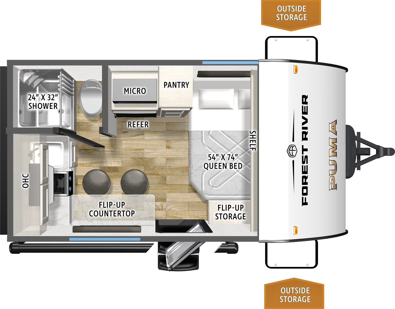 The Puma Camping Edition 120RKCE floorplan has one entry and zero slide outs. Exterior features include: metal exterior. Interiors features include: front bedroom.